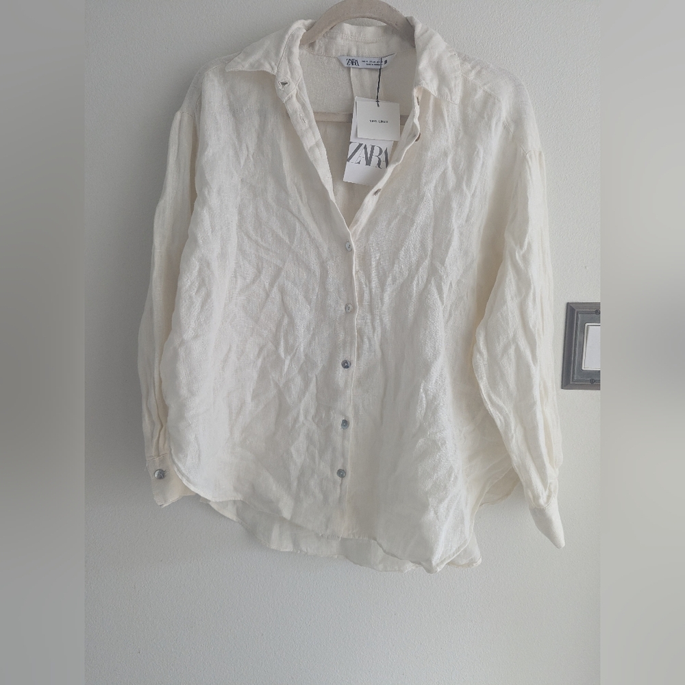 Zara 100% Linen Long Sleeve Shirt Size Small
